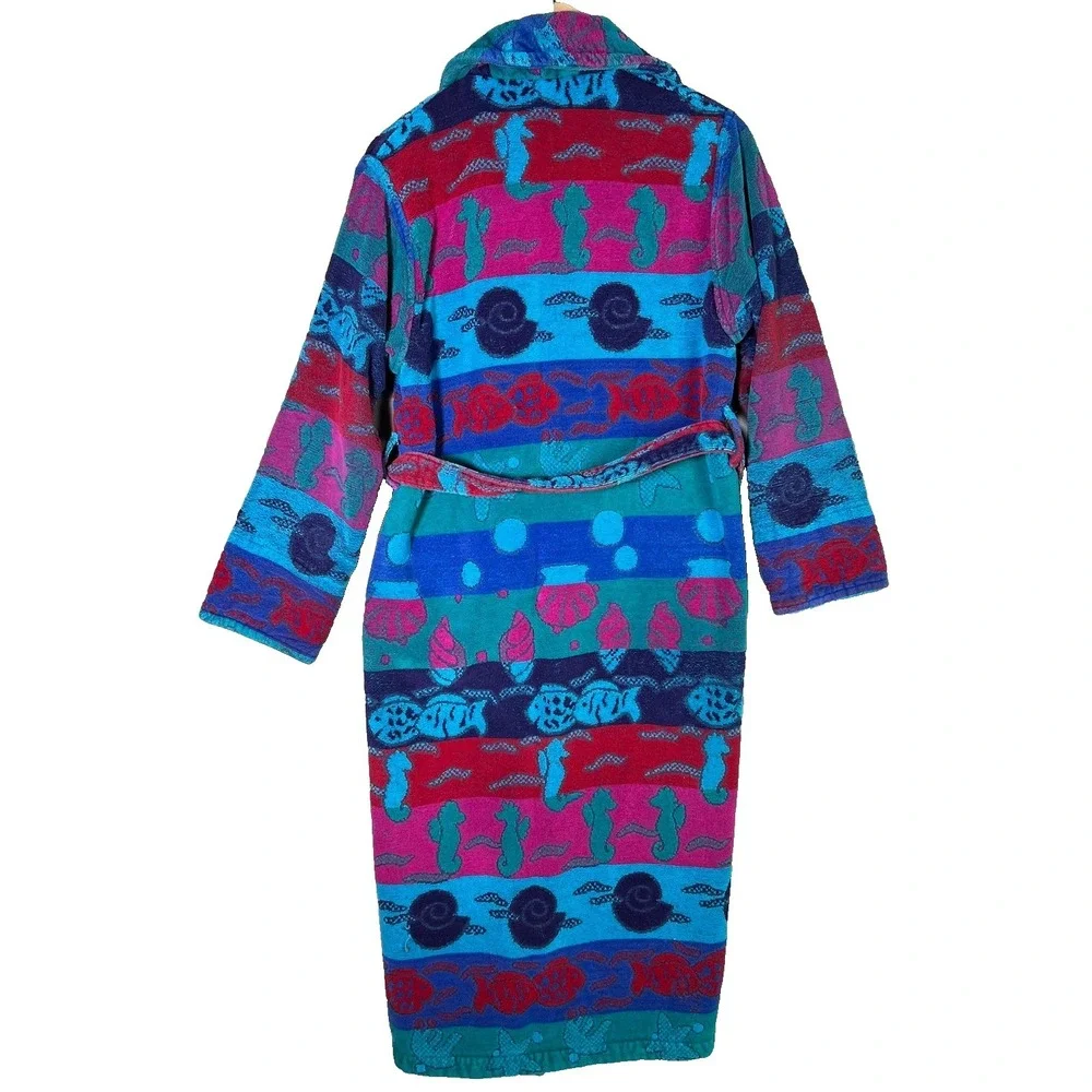Vintage TJ Lawford Turkish‎ Cotton Terry Cloth Robe Colorful Print Belted Size S